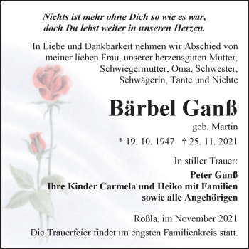 Traueranzeige von Bärbel Ganß von Trauerkombi Sangerhausen