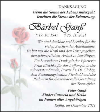 Traueranzeige von Bärbel Ganß von Trauerkombi Sangerhausen