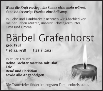 Traueranzeige von Bärbel Grafenhorst von Trauerkombi Aschersleben