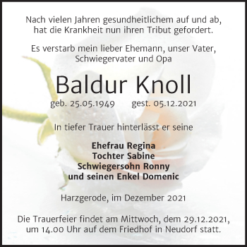 Traueranzeige von Baldur Knoll von Super Sonntag Quedlingburg