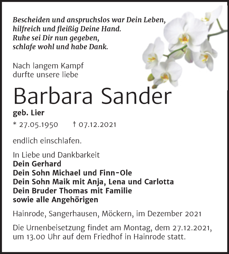  Traueranzeige für Barbara Sander vom 10.12.2021 aus Trauerkombi Sangerhausen