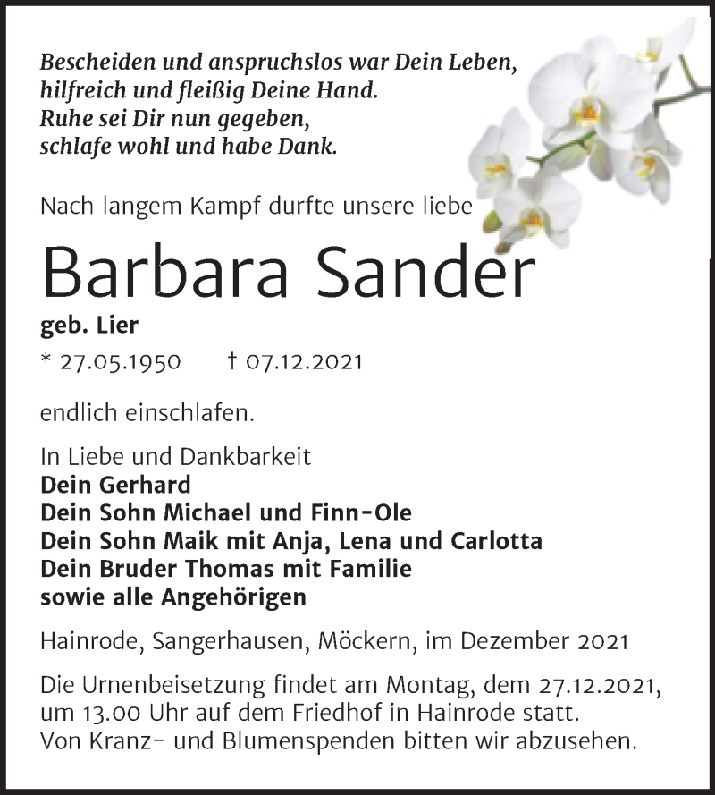  Traueranzeige für Barbara Sander vom 18.12.2021 aus Trauerkombi Sangerhausen