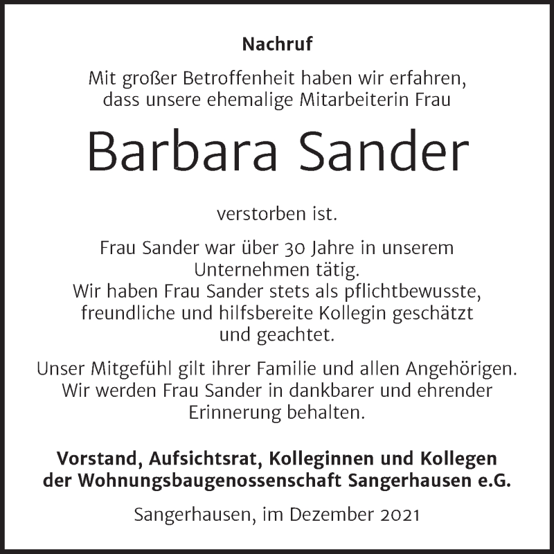  Traueranzeige für Barbara Sander vom 18.12.2021 aus Super Sonntag Sangerhausen