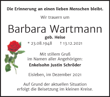 Traueranzeige von Barbara Wartmann von Trauerkombi Mansfelder Land
