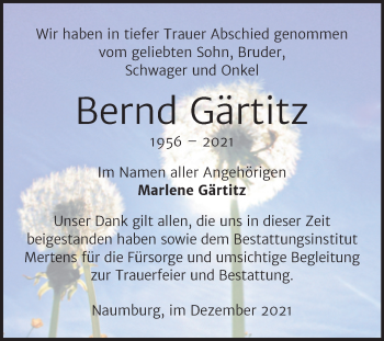 Traueranzeige von Bernd Gärtitz von Naumburger Tageblatt