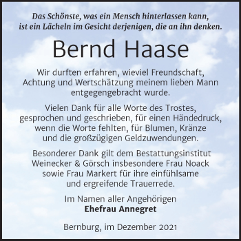 Traueranzeige von Bernd Haase von Trauerkombi Bernburg
