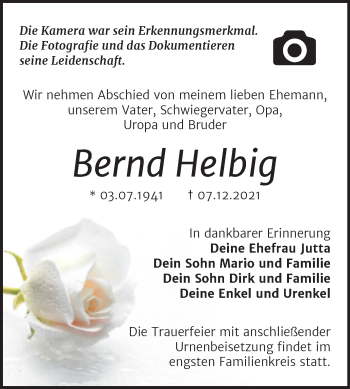 Traueranzeige von Bernd Helbig von Trauerkombi Dessau