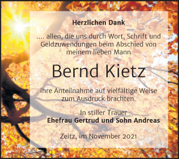 Traueranzeige von Bernd Kietz von Trauerkombi Zeitz