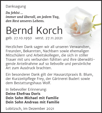 Traueranzeige von Bernd Korch von Trauerkombi Weißenfels