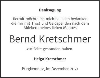 Traueranzeige von Bernd Kretschmer von Trauerkombi Bitterfeld