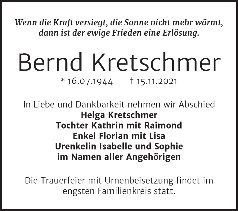  Traueranzeige für Bernd Kretschmer vom 01.12.2021 aus Trauerkombi Bitterfeld
