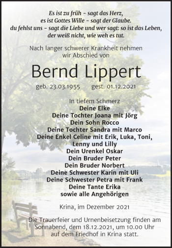 Traueranzeige von Bernd Lippert von Trauerkombi Bitterfeld