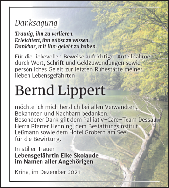 Traueranzeige von Bernd Lippert von Trauerkombi Bitterfeld