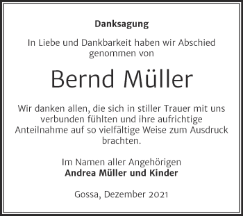 Traueranzeige von Bernd Müller von Trauerkombi Bitterfeld