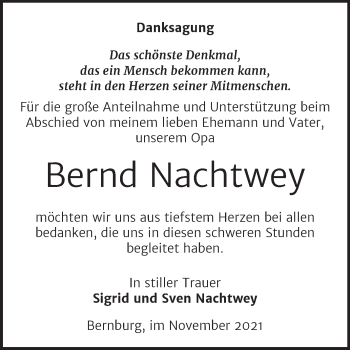 Traueranzeige von Bernd Nachtwey von Trauerkombi Bernburg