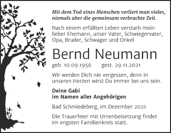 Traueranzeige von Bernd Neumann von Trauerkombi Wittenberg