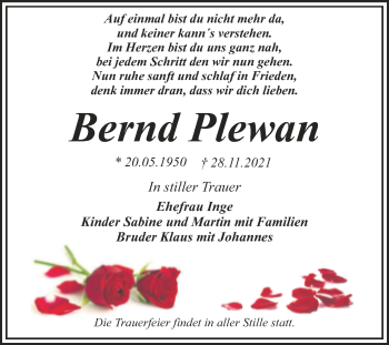 Traueranzeige von Bernd Plewan von Trauerkombi Dessau