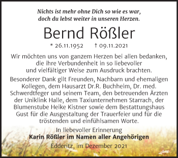 Traueranzeige von Bernd Rößler von Trauerkombi Köthen