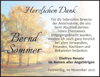 Traueranzeige von Bernd Sommer von Trauerkombi Bitterfeld