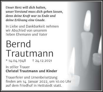 Traueranzeige von Bernd Trautmann von Trauerkombi Mansfelder Land