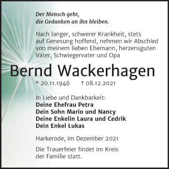 Traueranzeige von Bernd Wackerhagen von Trauerkombi Mansfelder Land