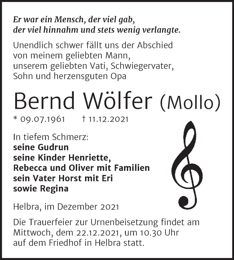  Traueranzeige für Bernd Wölfer vom 16.12.2021 aus Trauerkombi Mansfelder Land