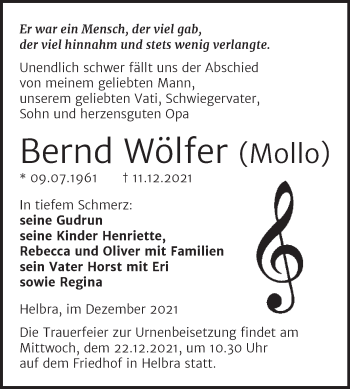 Traueranzeige von Bernd Wölfer von Trauerkombi Mansfelder Land