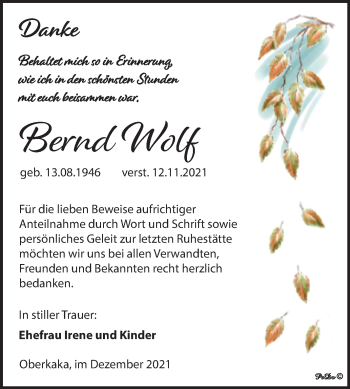 Traueranzeige von Bernd Wolf von Trauerkombi Zeitz