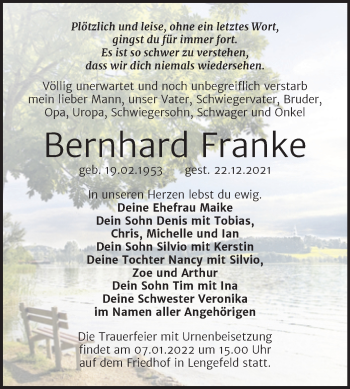 Traueranzeige von Bernhard Franke von Trauerkombi Sangerhausen