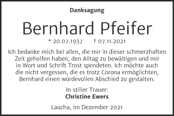 Traueranzeige von Bernhard Pfeifer von Naumburger Tageblatt