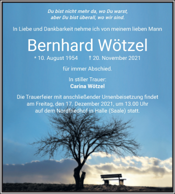 Traueranzeige von Bernhard Wötzel von Mitteldeutsche Zeitung Halle/Saalkreis