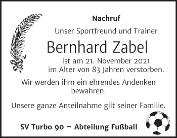 Traueranzeige von Bernhard Zabel von Trauerkombi Dessau