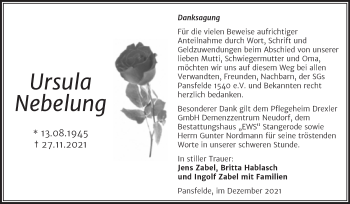 Traueranzeige von BeUrsula Nebelung von Trauerkombi Quedlinburg