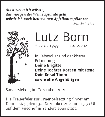 Traueranzeige von Lutz Born von Trauerkombi Mansfelder Land