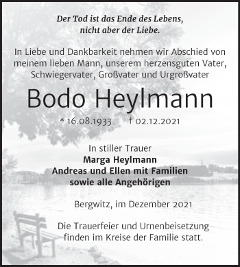 Traueranzeige von Bodo Heylmann von Trauerkombi Wittenberg