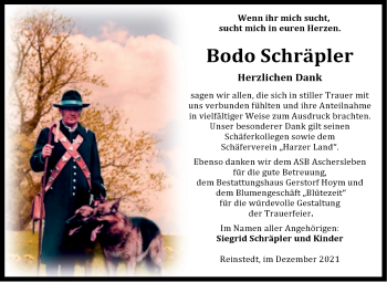 Traueranzeige von Bodo Schräpler von Trauerkombi Quedlinburg