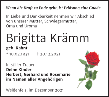 Traueranzeige von Brigitta Krämm von Trauerkombi Weißenfels