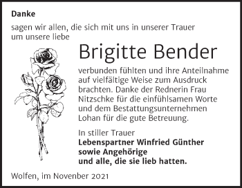 Traueranzeige von Brigitte Bender von Trauerkombi Bitterfeld