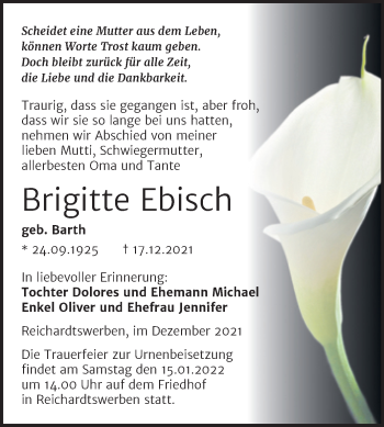 Traueranzeige von Brigitte Ebisch von Trauerkombi Weißenfels