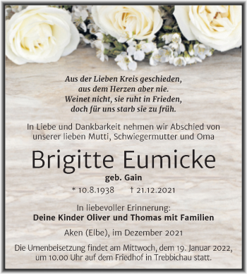 Traueranzeige von Brigitte Eumicke von Trauerkombi Köthen