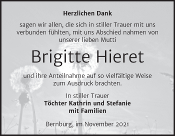 Traueranzeige von Brigitte Hieret von Trauerkombi Bernburg