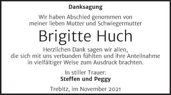 Traueranzeige von Brigitte Huch von Trauerkombi Wittenberg