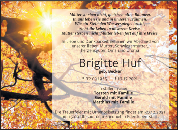 Traueranzeige von Brigitte Huf von Trauerkombi Sangerhausen
