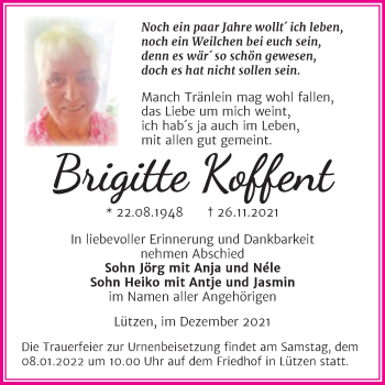 Traueranzeige von Brigitte Koffent von Trauerkombi Weißenfels