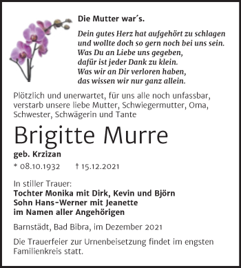 Traueranzeige von Brigitte Murre von Trauerkombi Merseburg