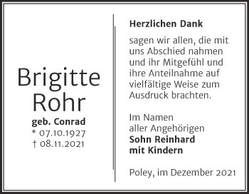 Traueranzeige von Brigitte Rohr von Trauerkombi Bernburg