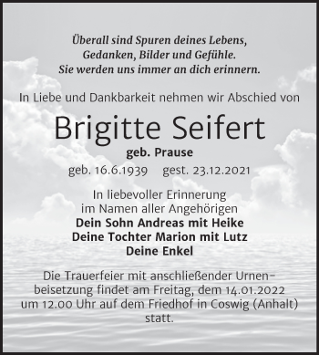Traueranzeige von Brigitte Seifen von Trauerkombi Wittenberg