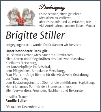 Traueranzeige von Brigitte Stiller von Trauerkombi Merseburg