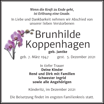 Traueranzeige von Brunhilde Koppenhagen von Trauerkombi Zeitz