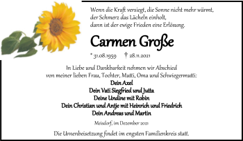 Traueranzeige von Carmen Große von Trauerkombi Quedlinburg